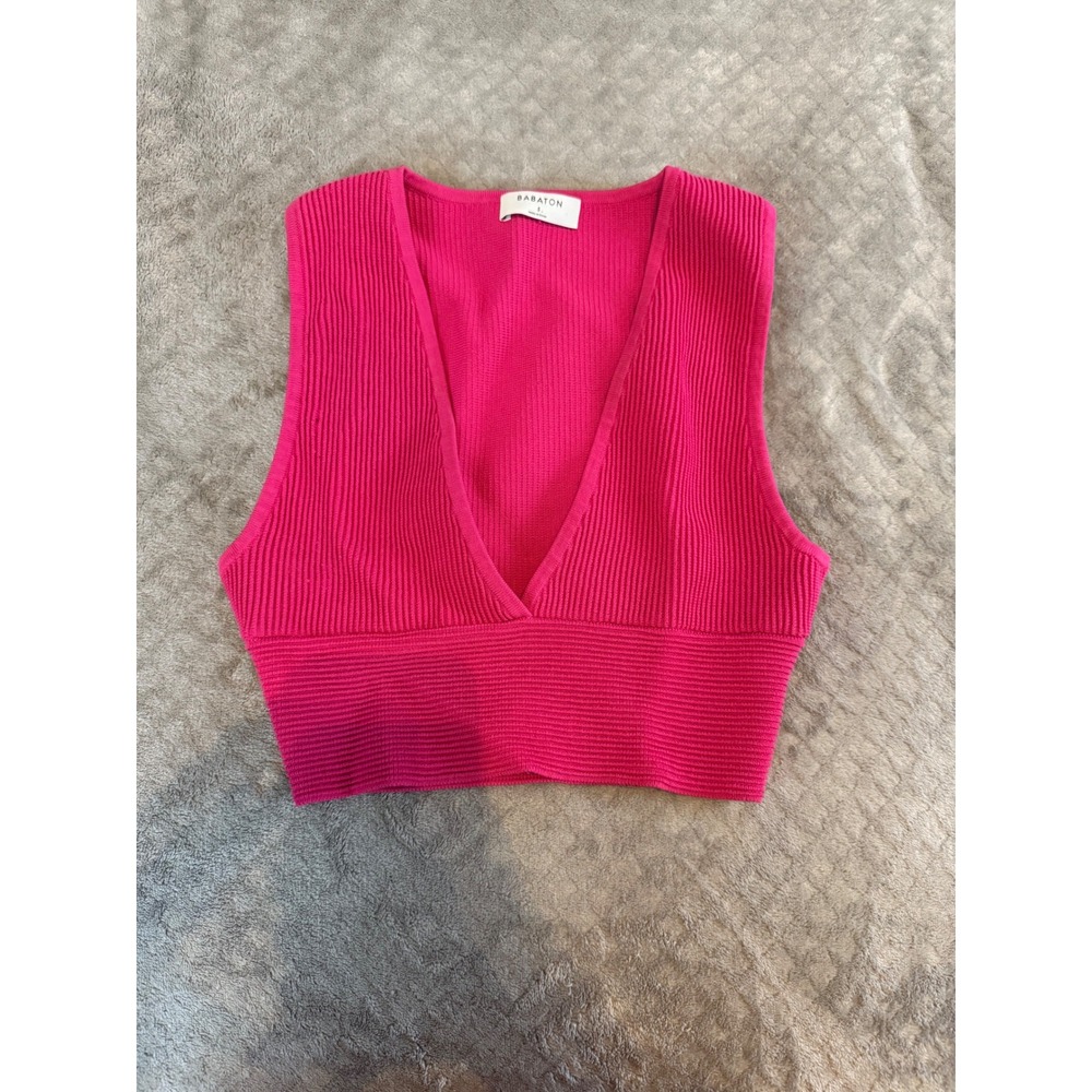Babaton Sculpt Knit V-Neck Cropped Tank Top Pink Fuchsia‎ 81349 Womens Small